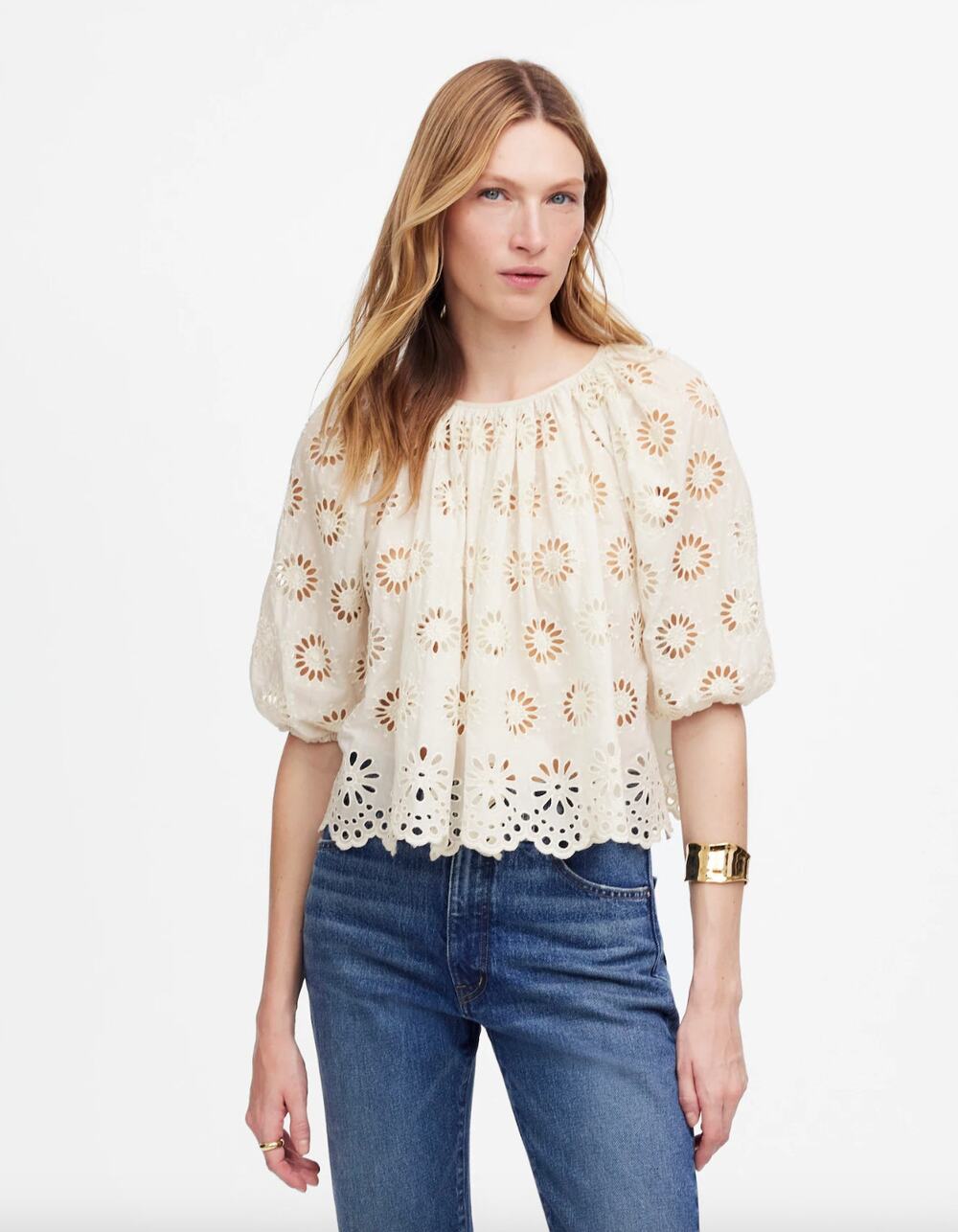 Madewell Embroidered Shirred Puff Sleeve Top Blouse Floral Eyelet Cream XXS NWT